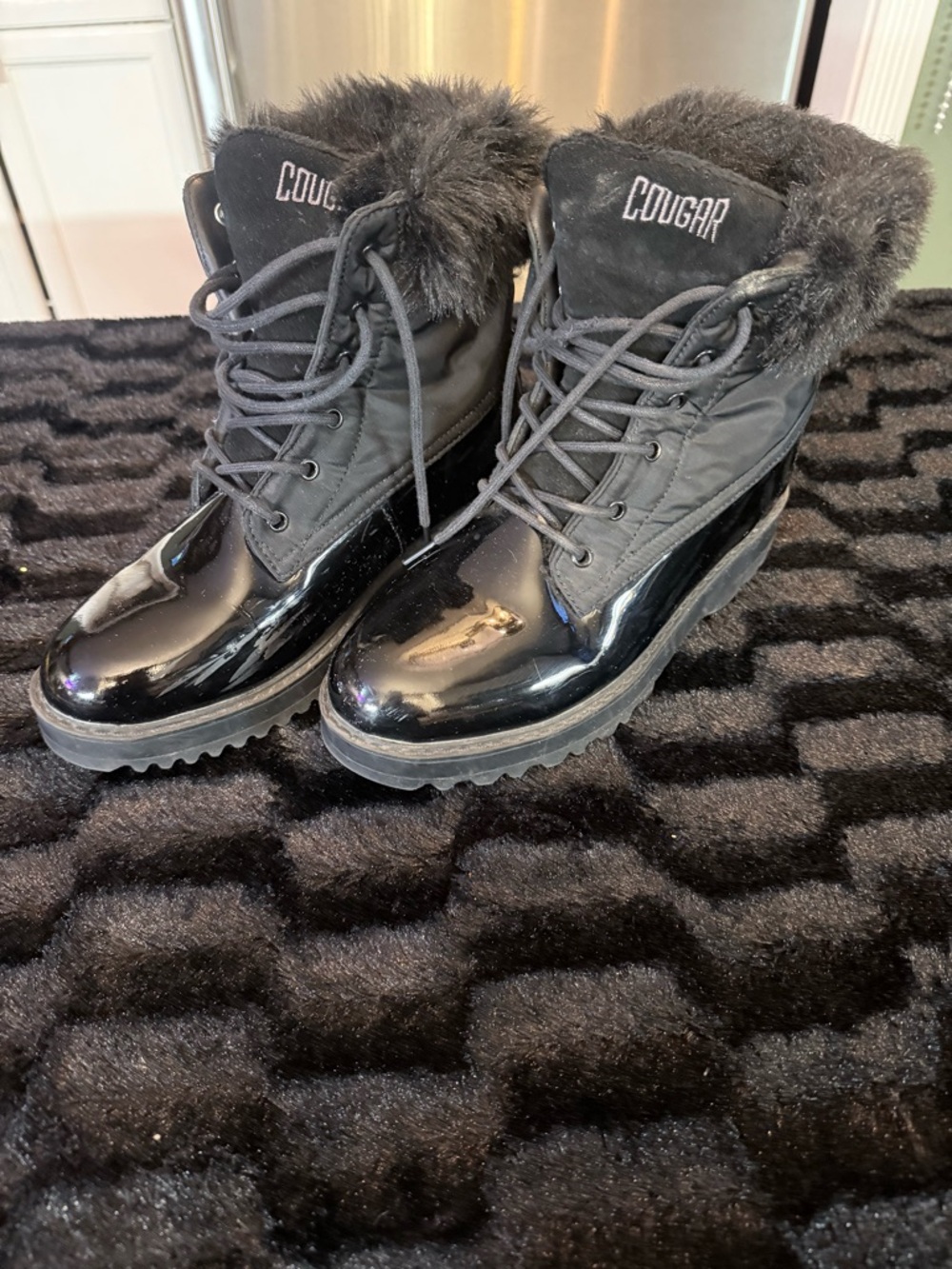 Cougar Black Patent & Faux-Fur Lace-Up Winter Boots